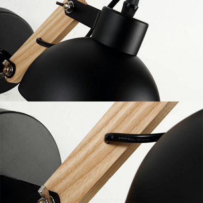 Industrial Style Wall Lamp LED Adjustable Wood Swing Arm Dome Metal Shade Wall Mount Light for Bedroom