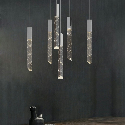 Linear Shade Hallway Pendant Light Hammered Glass Warm Light Moden Hanging Lamp in Black-Grey