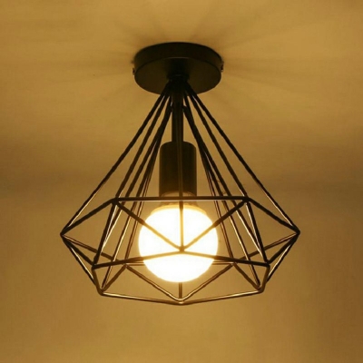 Metal Diamond Cage Ceiling Mount Light Fixture Industrial 1 Bulb Ceiling Lamp