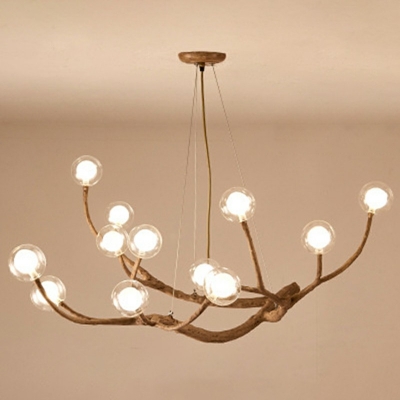Modern Height Adjustable Wooden Branching Chandelier LED Glass Globe Chandelier for Living Room Restaurant Bar Bulb Included