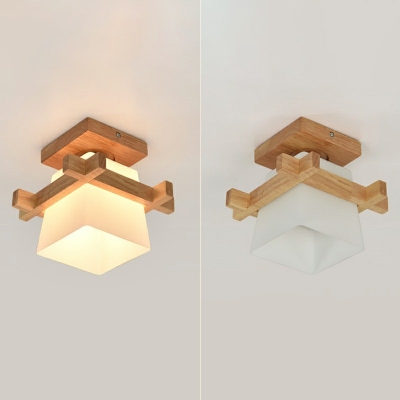 Modern Solid Wood Milky White Glass Lampshade Semi-Ceiling Lamp Square Shape Flush Hallway Lighting