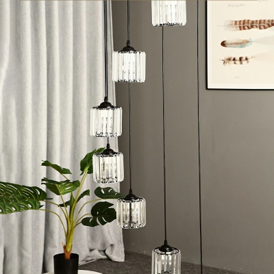 Prismatic Crystal Cylindrical Pendant Lamp Modernism Black Multiple Hanging Light for Stairway