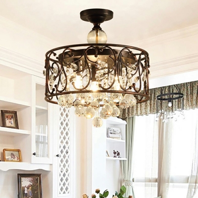 Rust Drum Frame Ceiling Mount Light Fixture Tradicional 3 Bulbs Close To Ceiling Lamp with Crystal Ball Design