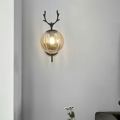 Spherical Wall Lamp Minimalist 1 Light Rippled Glass Wall Sconce Lighting with Antlers and Arm