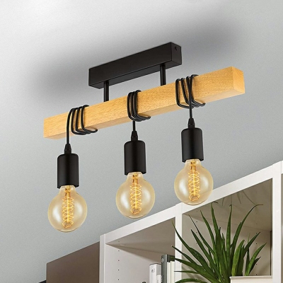 Wooden Linear Semi Flush Chandelier 21.5 Inchs Wide Cartoon 3 Bulbs Ceiling Light