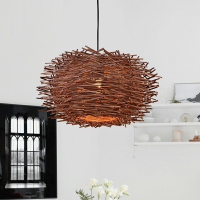 Asian Style Bird Nest Shaped Hanging Light Fixture Wood Dinning Room Pendant Lighting