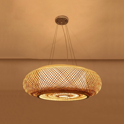 Beige Rounded Drum Pendant Light Chinese Bamboo  1 Bulb Beige Ceiling Suspension Lamp with 59 Inchs Height Adjustable Cord