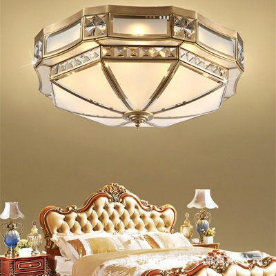 Brass Metal Frame Semi-Flushmount Light Colonial Style Inverted White Glass Ceiling Light