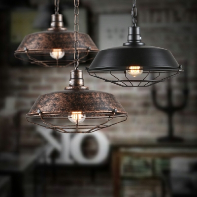 Industrial Kitchen 1-Bulb Pendant 11 Inchs Height Pot Lid Form Iron Hanging Lamp with Cage