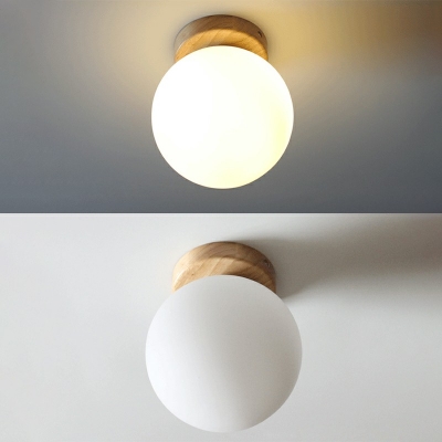 Modern Wood Flush Mount Single Spherical Glass Shade Ceiling Light Lamp for Hallway