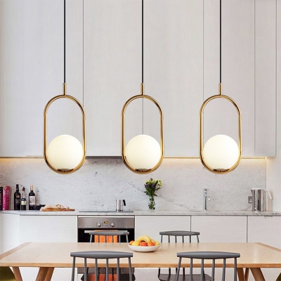 Opaline Glass Ball Pendant Light Kit Simple Single Milk Glass Suspension Lamp with Oval Stand and 59 Inchs Height Adjustable Cord