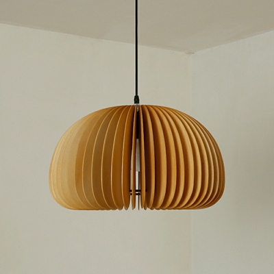 Pendant Modern Restaurant Wood Cage Beige Dome Shaped 1-Bulb Hanging Lamp