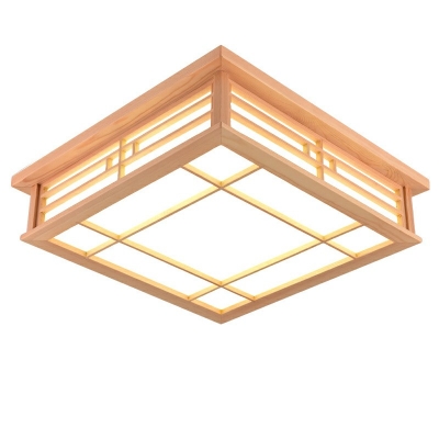 Square Study Room LED Flush Mount Light Wood Contemporary Ceiling Lamp with Fabric Shade