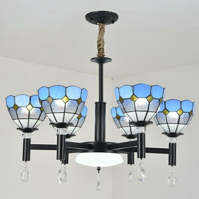 Tiffany Style Living Room Black Metal Arched Arms Suspension Lighting Glass Dome Shade Chandelier