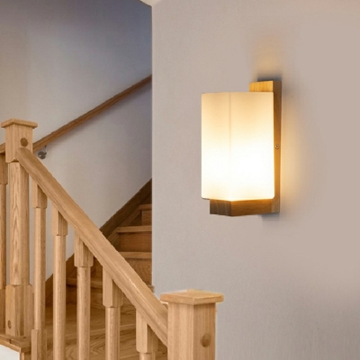 1-Head Bedside Pull Chain Sconce Light Simple Wood Wall Light 10 Inchs Height with Cylinder White Glass Shade