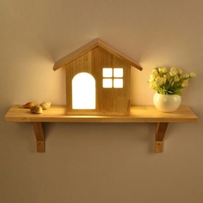 Asian House Sconce Wood LED Wall Mounted Light Fixture in Wood for Children's Bedroom