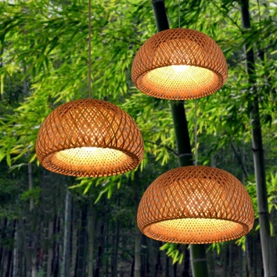 Bamboo Dome Ceiling Pendant Lamp Asian 1 Head Wooden Suspension Light for Hallway in Beige
