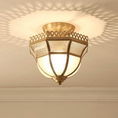 Brass Metal Frame Semi-Flushmount Light 1 Light Colonial Style Inverted White Glass Ceiling Light
