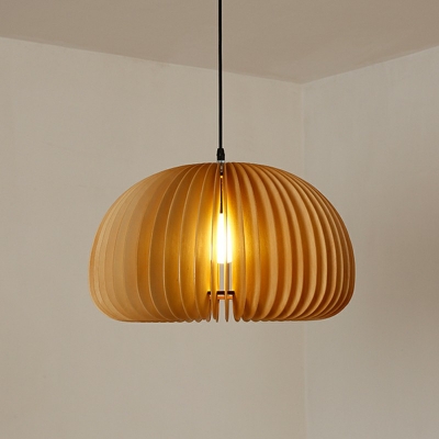 Pendant Modern Restaurant Wood Cage Beige Dome Shaped 1-Bulb Hanging Lamp