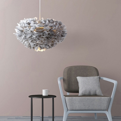 Ball Bedroom Pendulum Light Feather Romantic Nordic Pendant Lighting with 39.5 Inchs Height Adjustable Cord