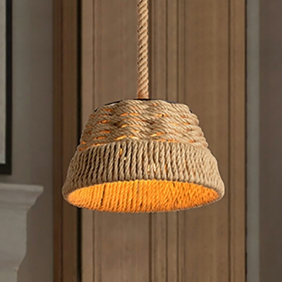 Beige Hat Shape Hanging Light Asian 1 Head 15 Inchs Wide Rattan Suspended Lighting Fixture