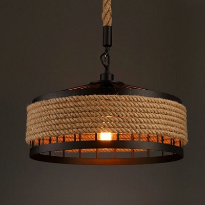 Industrial Style Hemp Rope Round Wrought Iron LED Chandelier Hanging for Restaurant