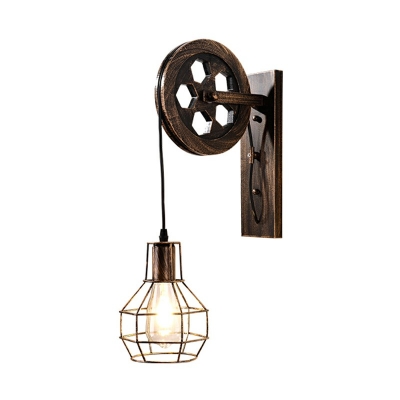 Industrial Wall Sconce 6 Inchs Wide Single Light with Wheel and Adjustable Hanging Cord