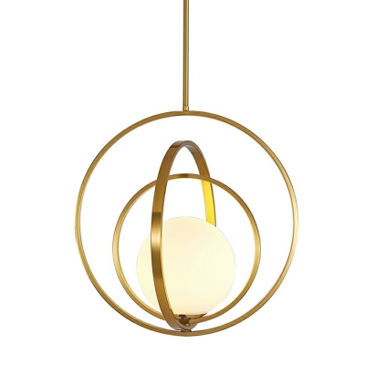 Opal Glass Ball Drop Pendant Postmodern Hanging Ceiling Light with Ring Guard in Gold