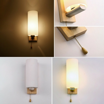 Single Head Cylinder Vanity Lamp Contemporary Milky Glass Wall Light Sconce in Wood for Corridor