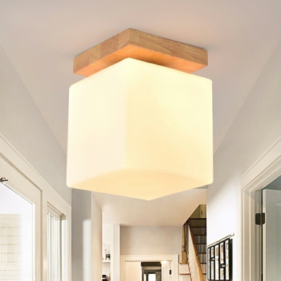 Single Light Minimalist Wall Sconce Glass Lampshade Wood Corridor Flush Ceiling Light for Indoor Room