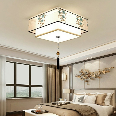 White Flush Mount Lamp Traditional Fabric Ceiling Fixture for Bedroom Dining Room