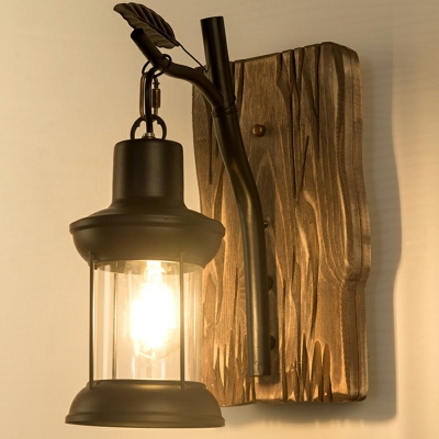 Wooden Base Sconce Light with Lantern 1 Light 10 Inchs Wide Rustic Wall Light in Black for Bar