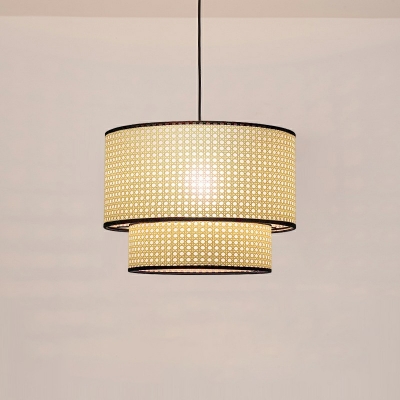 1-Bulb Dining Room Pendant Lamp Chinese Style Ceiling Light Fixture with Drum Rattan Shade in Beige