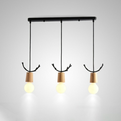 Modern Style 3 Lights Mini Pendant Lamp in Black/White Wooden Shade Antlers Hanging Light for Dinning Room