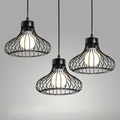 1/3 Lights Bird Cage Pendant Lamp Metal Industrial Black Hanging Lights for Restaurant