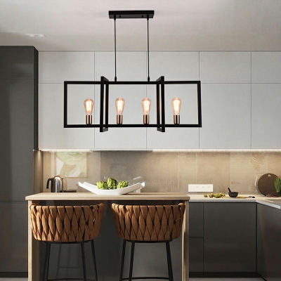 Large Lantern Industrial LED Pendant with Rectangle Iron Outshape 4 Lights 35.5 Inchs Length in Black