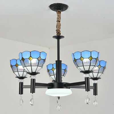 Tiffany Style Living Room Black Metal Arched Arms Suspension Lighting Glass Dome Shade Chandelier