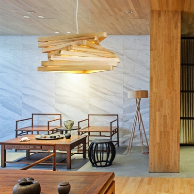 1-Light Solid Wood Hanging Light Stacking Triangles Design for Coffee Shop