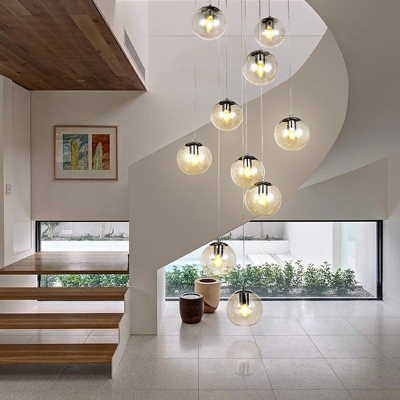 10 Heads Suspension Lighting Cognac Glass Globe Hanging Light for Spiral Stairs