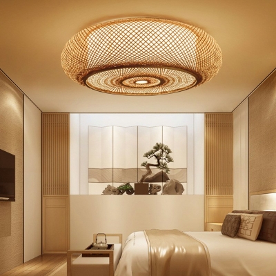 Asian Style Bamboo Drum Shape Ceiling Lighting Hand Woven Living Room Flush Lamp in Beige