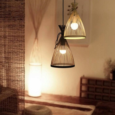 Asian Style Bell Shade Suspension Lighting Bamboo 1 Head Tea Room Pendant Ceiling Light