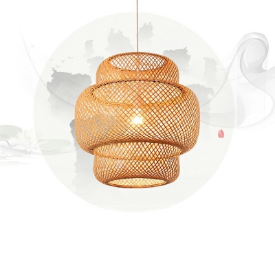 Asian Style Lantern Shape Hanging Lamp Single Pendant Light in Beige for Sitting Room
