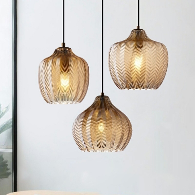 Contemporary Style Pumpkin Shaped Hanging Light Carved Glass Dinner Table Pendant Lamp