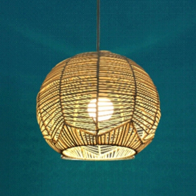 Curved Pendant Light Chinese Bamboo 1 Bulb Beige Globe Shade Ceiling Suspension Lamp