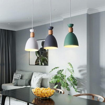 Dome Modern Living Room Iron Shade Pendant Wood Detail 3-Head Hanging Lamp