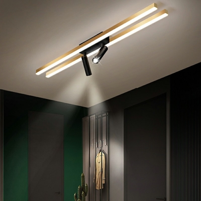 Gold Linear Semi Flush Mount with Spotlight Postmodern Metal Ceiling Light for Corridor