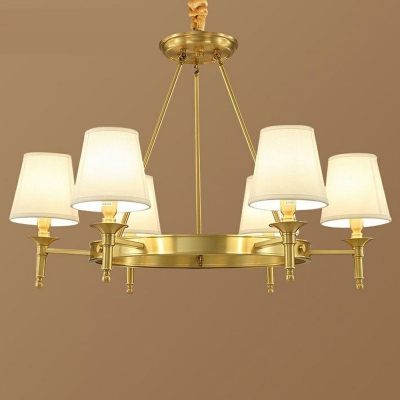 Gold Metal Round Pendant Light Mid-Century Conical White Fabric Shade Bedroom Chandelier Lighting