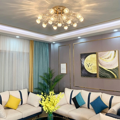 Golden Branch Semi Flush Mount with Clear Crystal Multi Light Modern Semi Flush Light for Bedroom