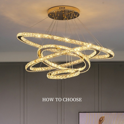 Golden Rings Chandelier with Adjustable Cord Modern Clear Crystal Hanging Lights for Living Room