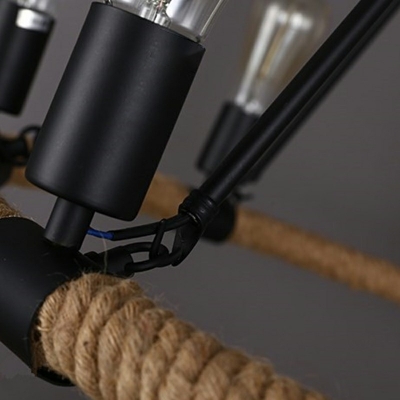 Industrial Black Chandelier Modern Rope Lined 8-Light  Pendant Dining Room